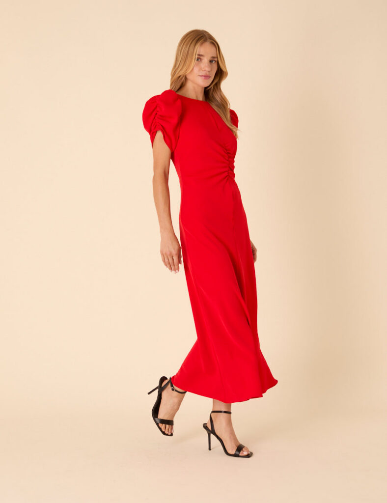 Red Ruched Gathered Short Sleeve Midaxi Dress