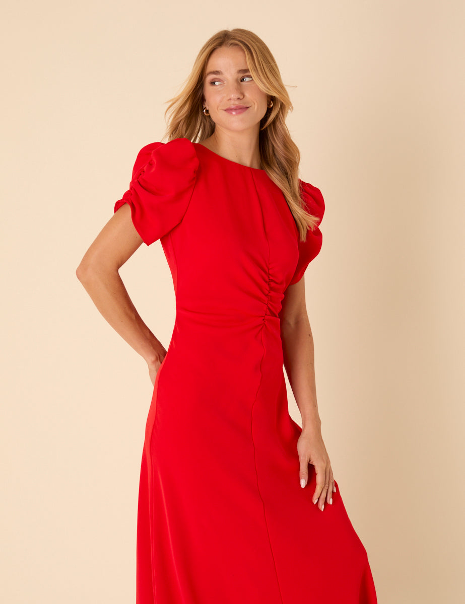 Red Ruched Gathered Short Sleeve Midaxi Dress - Image 4