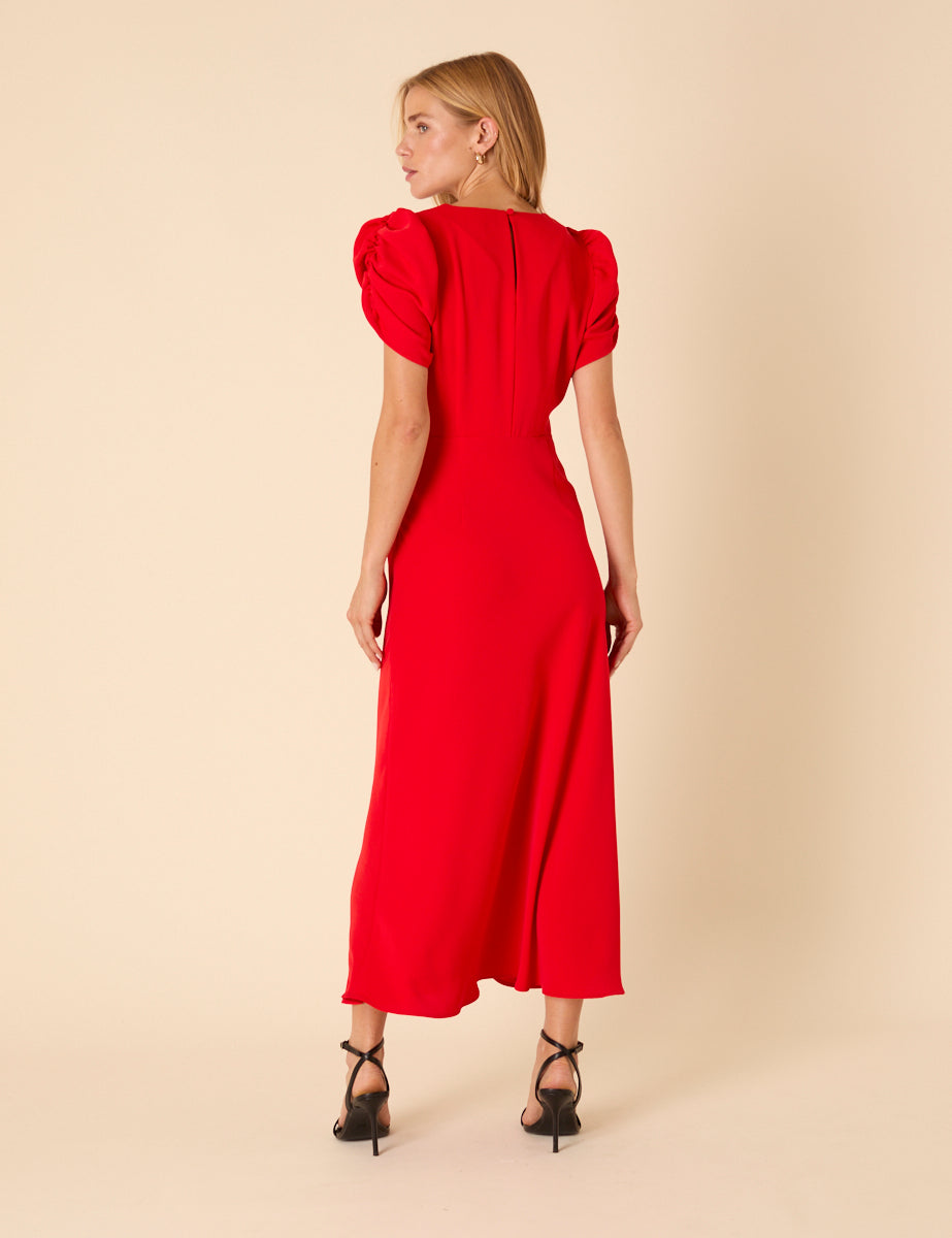 Red Ruched Gathered Short Sleeve Midaxi Dress - Image 5