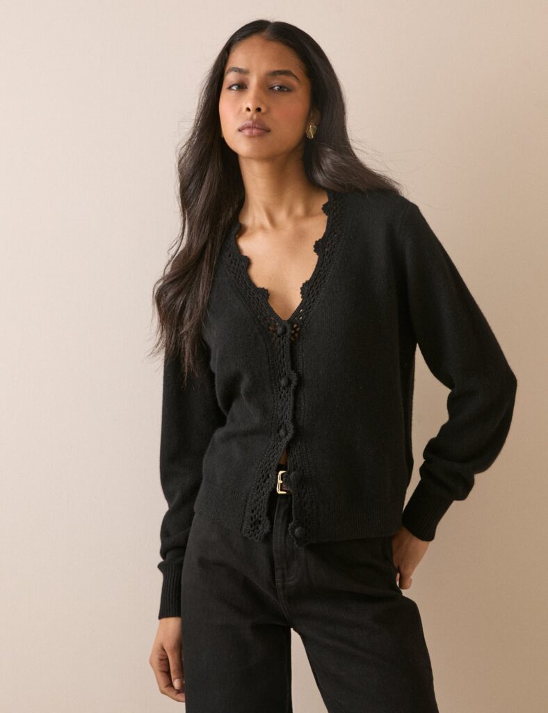 Black Wool Blend Neck Relaxed Cardigan