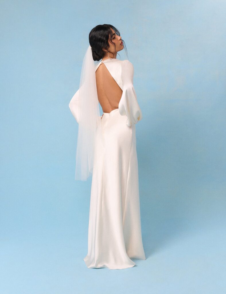 White Ivory Satin Long Sleeve Midaxi Dress