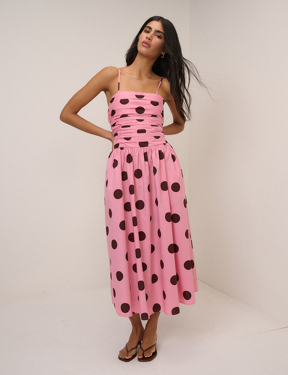 Pink Polka Dot Cotton Shirred Midaxi Dress - Image 4