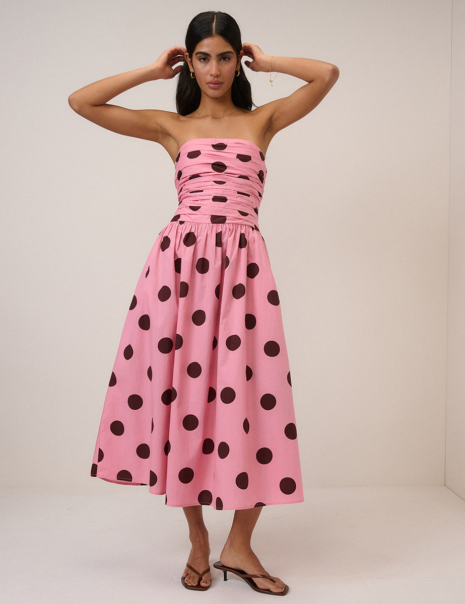 Pink Polka Dot Cotton Shirred Midaxi Dress - Image 5