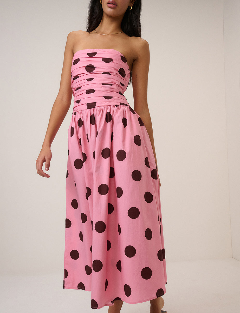 Pink Polka Dot Cotton Shirred Midaxi Dress - Image 2