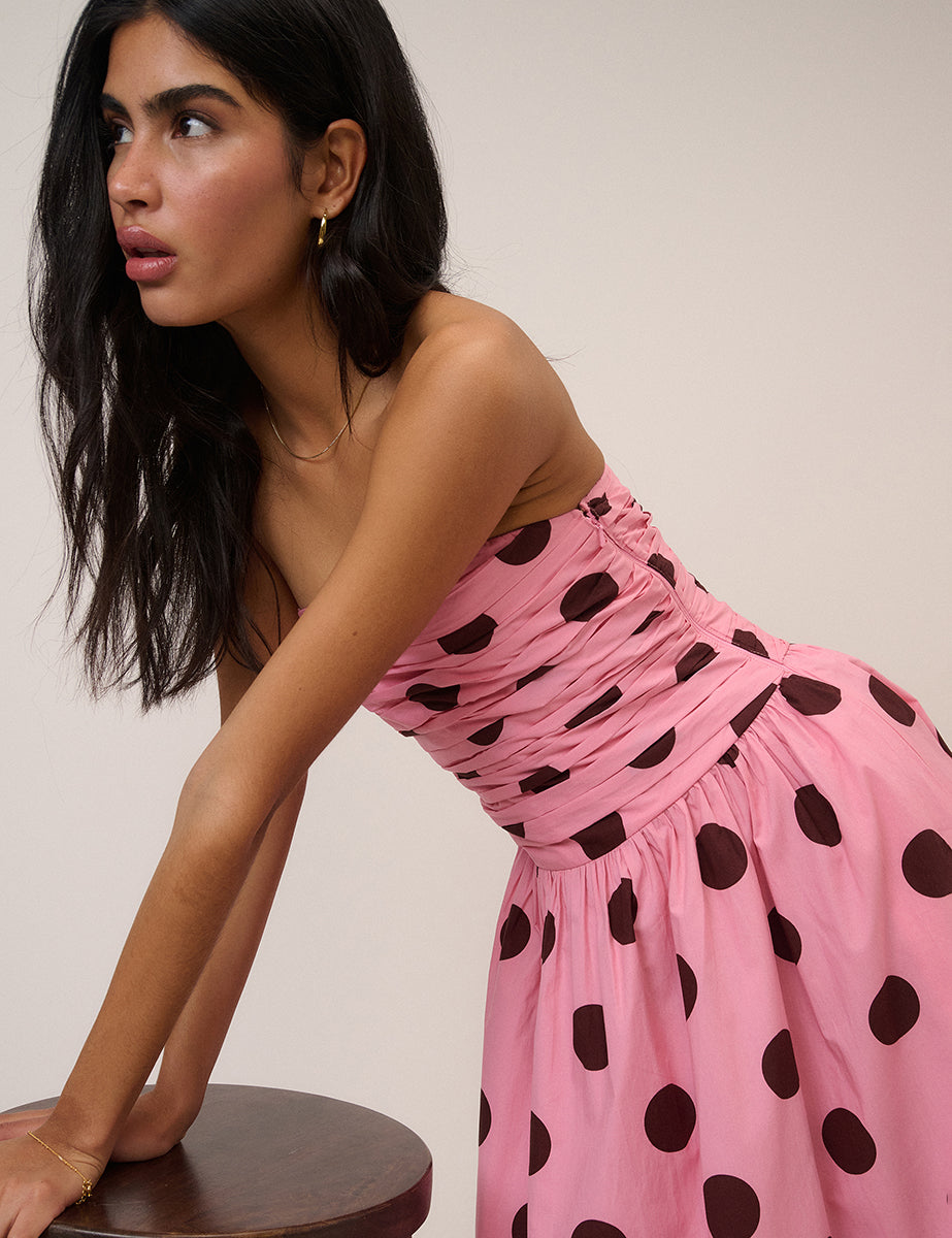 Pink Polka Dot Cotton Shirred Midaxi Dress - Image 3