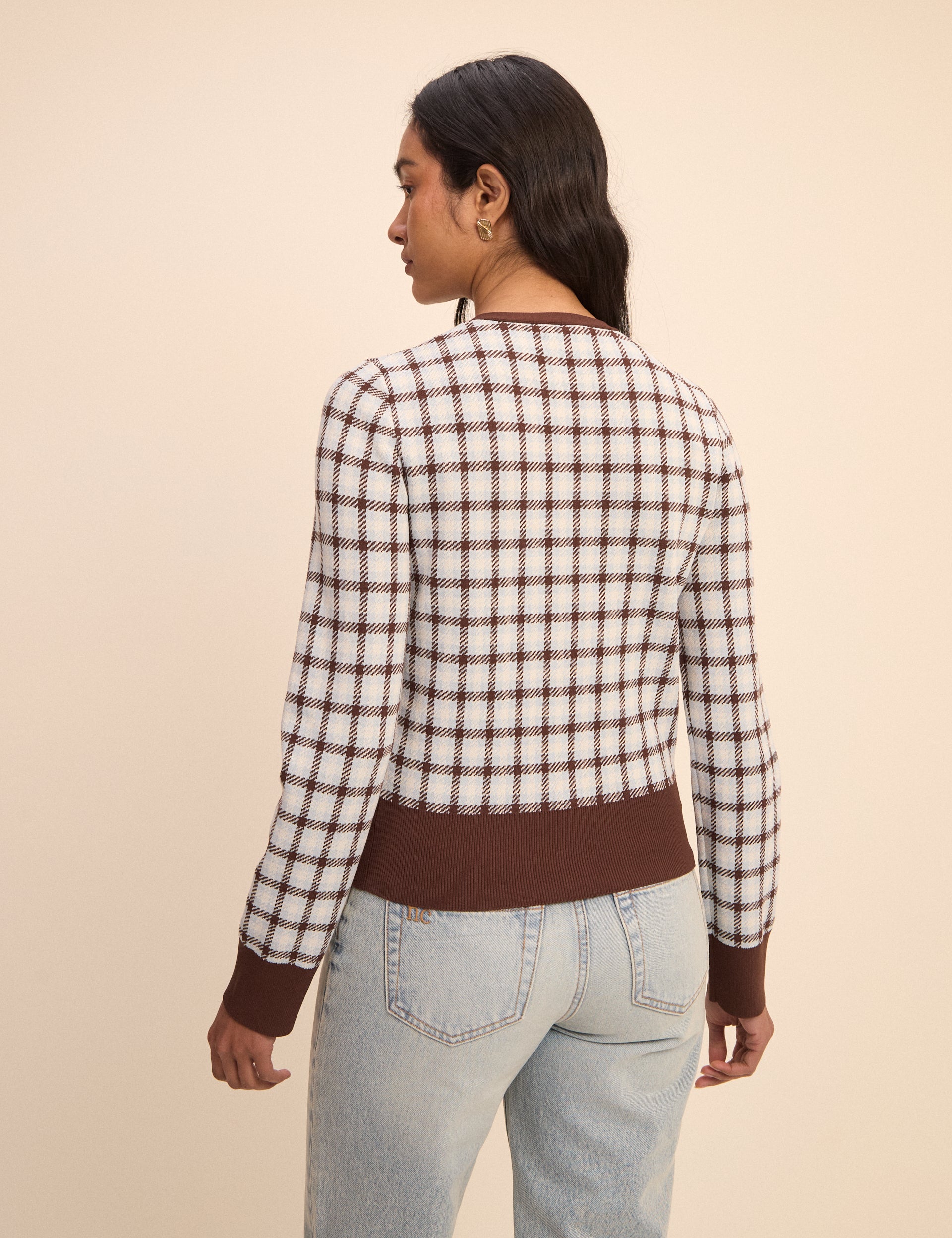 Brown Checked Knit Neck Cardigan - Image 4