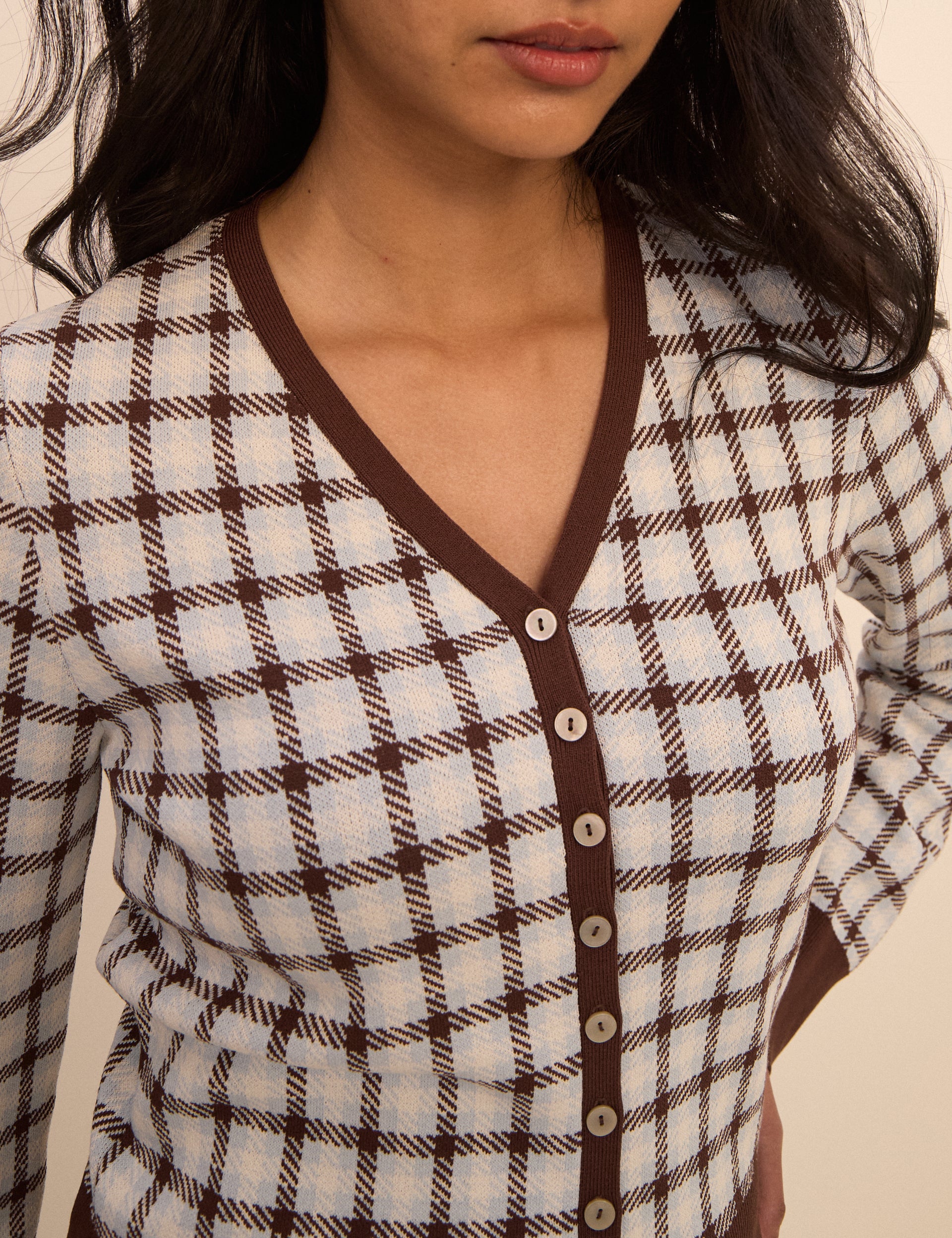 Brown Checked Knit Neck Cardigan - Image 3