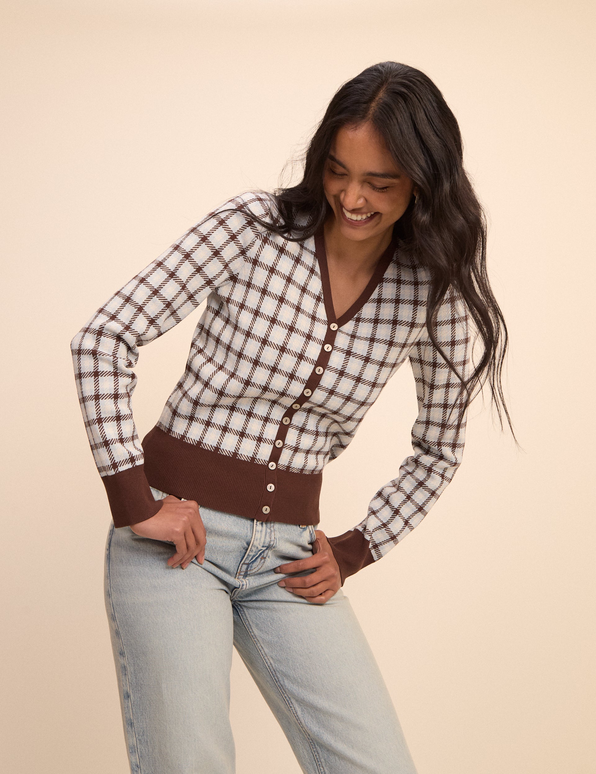 Brown Checked Knit Neck Cardigan - Image 5