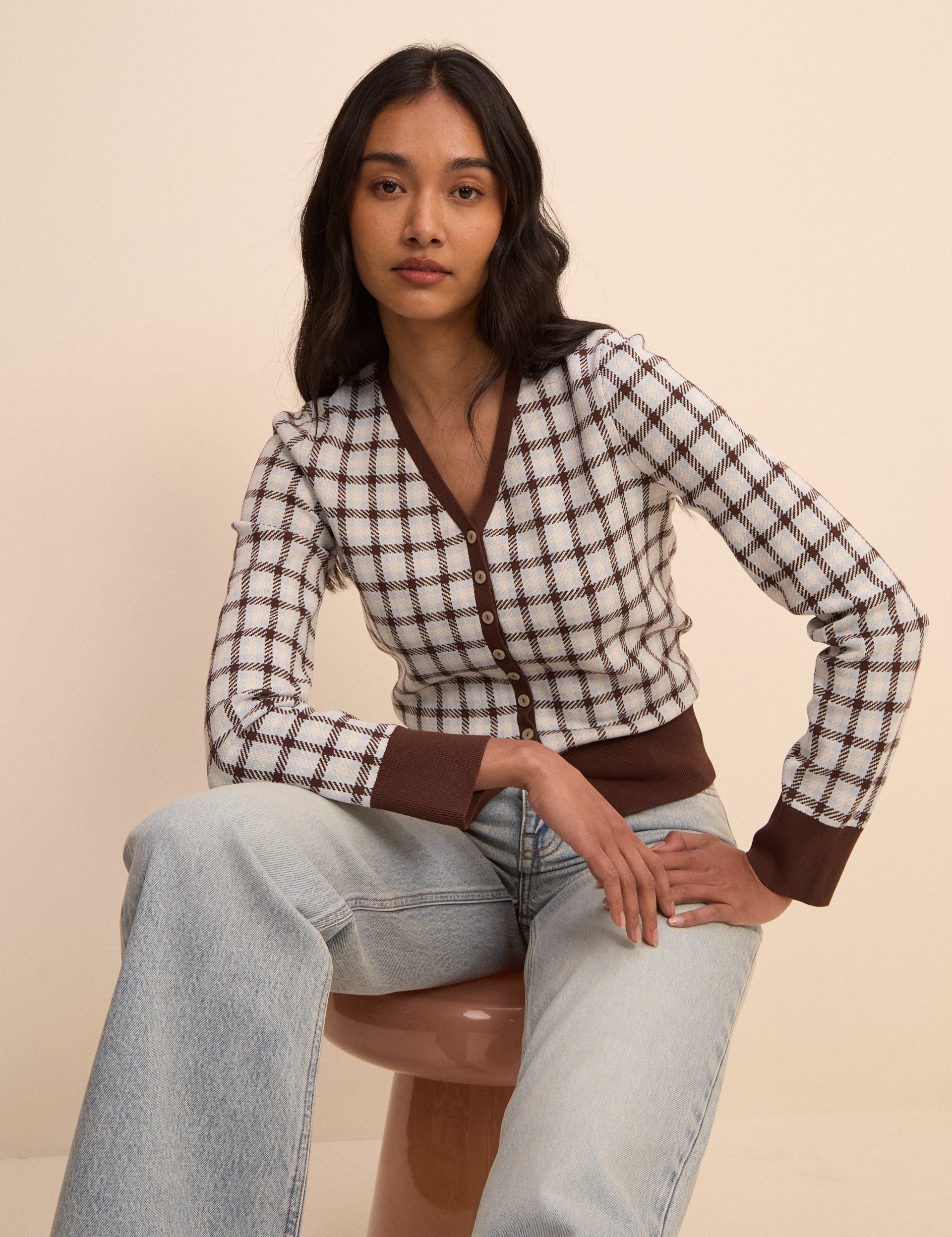 Brown Checked Knit Neck Cardigan - Image 2