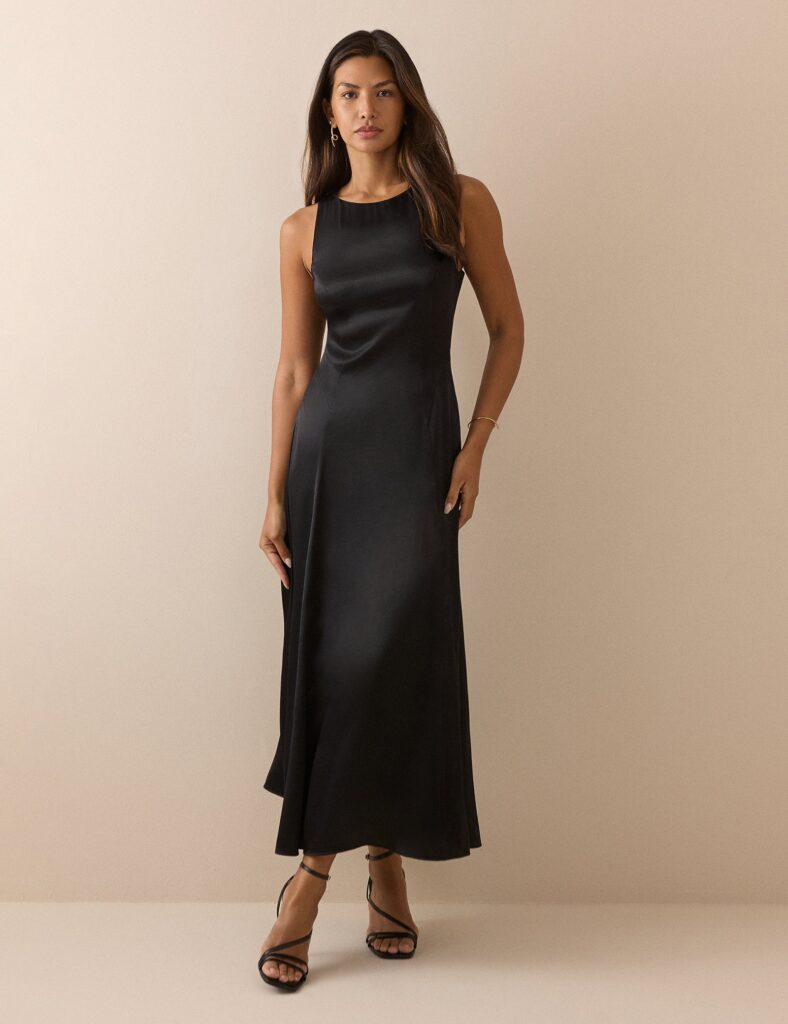 Black Satin Sleeveless A-Line Midaxi Dress