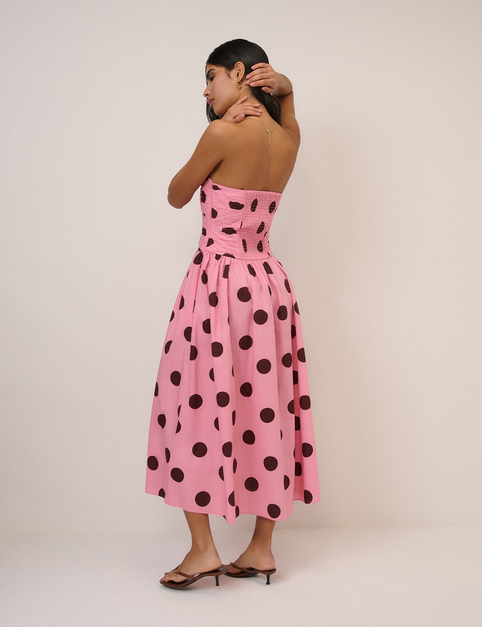 Pink Polka Dot Cotton Shirred Midaxi Dress - Image 6