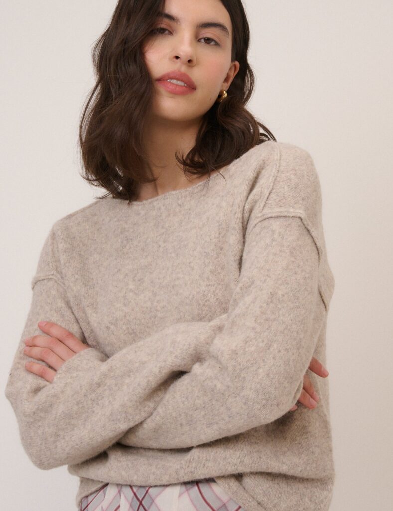 Beige Knit Boat Neck Relaxed Sweater