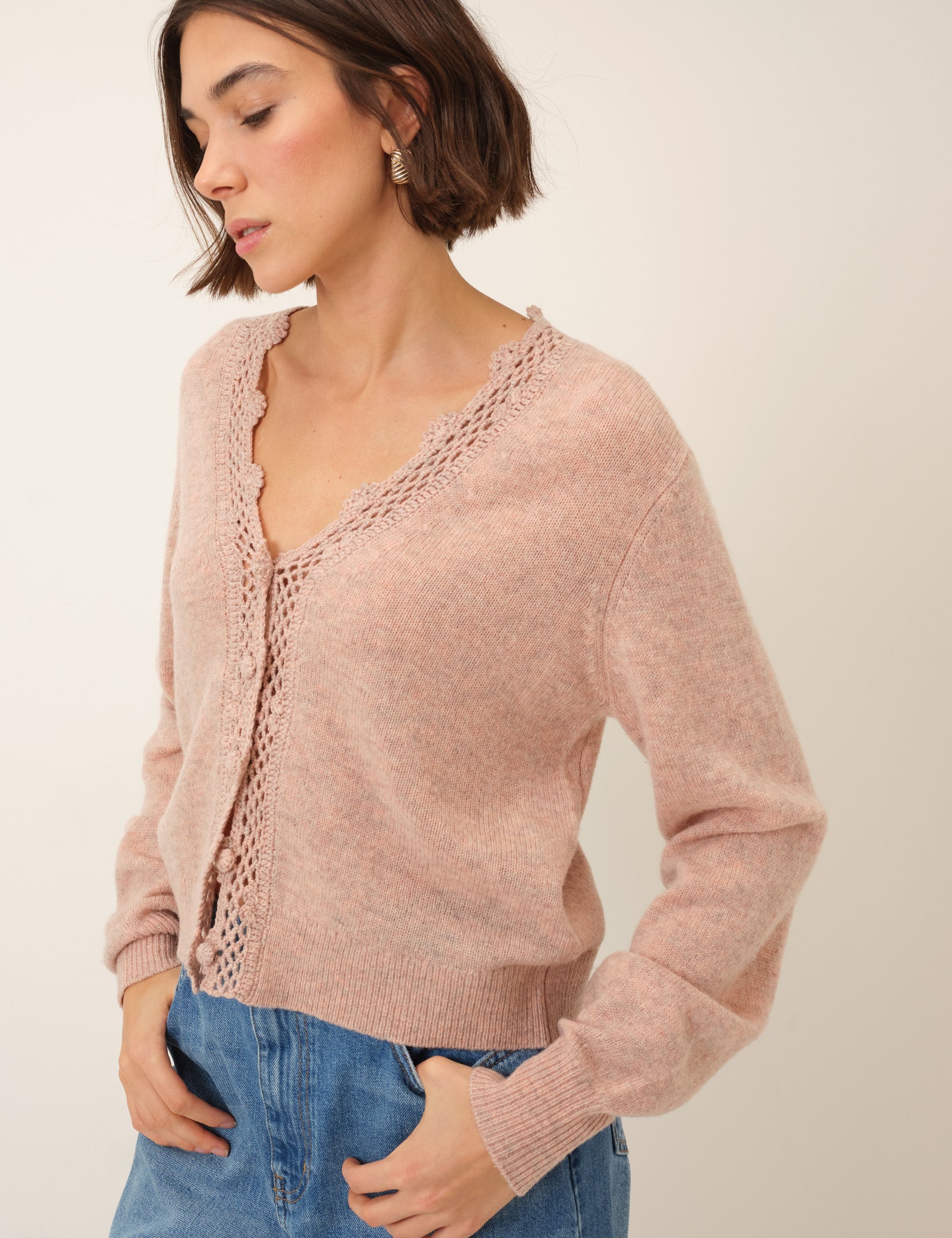 Pink Knit Neck Relaxed Cardigan - Image 3