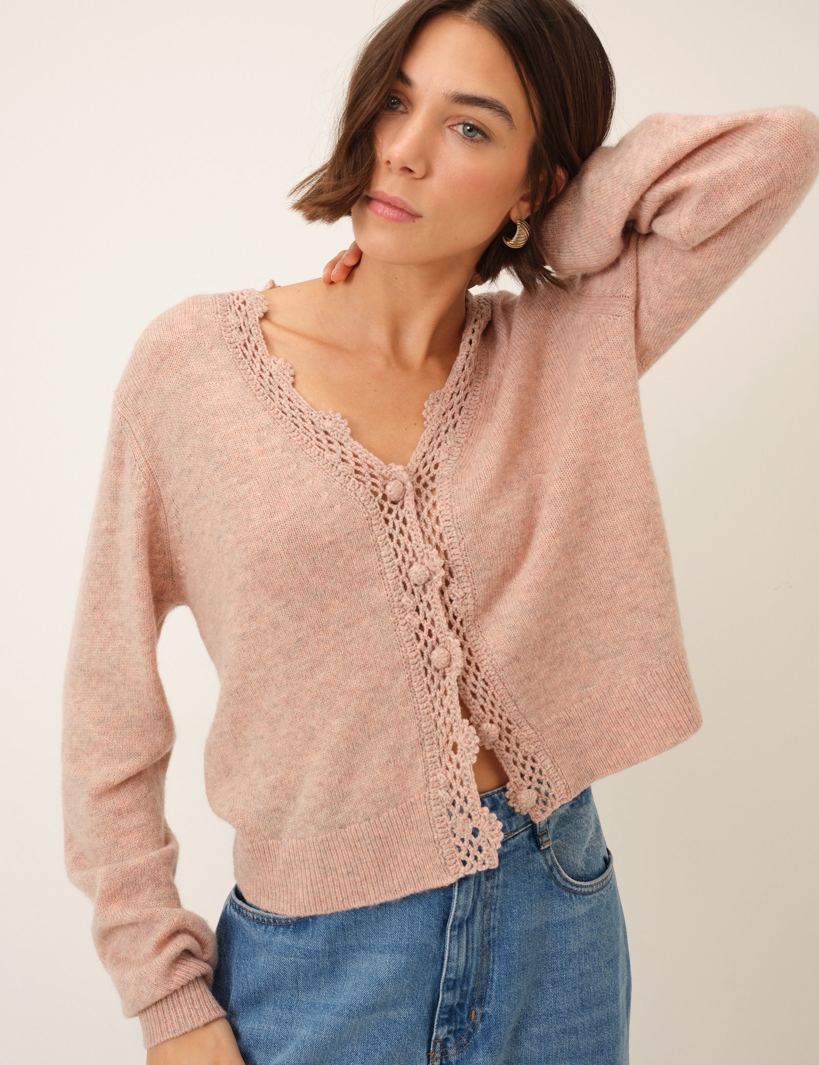 Pink Knit Neck Relaxed Cardigan - Image 4