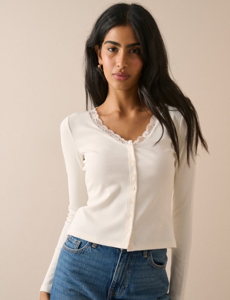 Relaxed Cream Neck Refined Cardigan