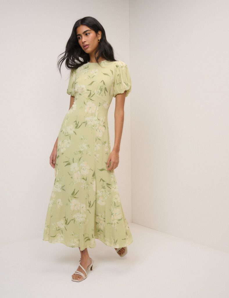 Green Sage Floral Chiffon Puff Sleeve Midaxi Dress