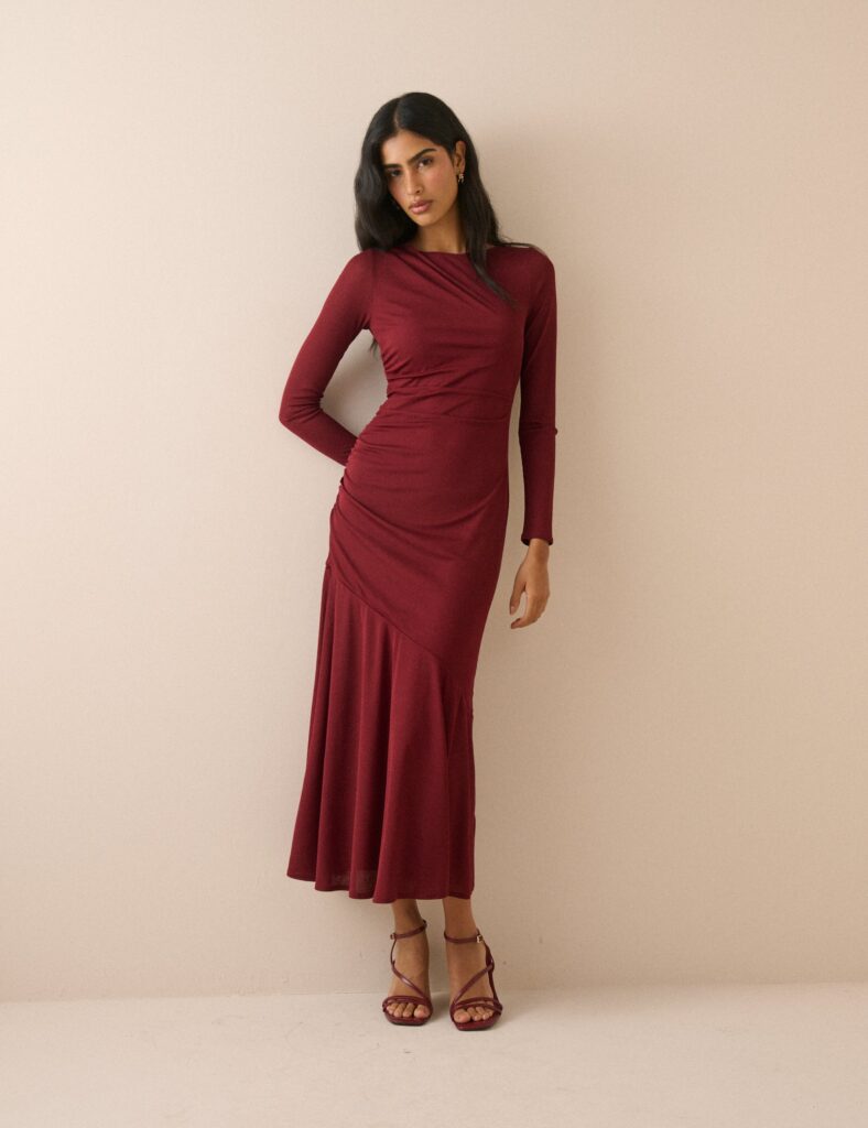 Red Jersey Drop Waist Long Sleeve Midaxi Dress