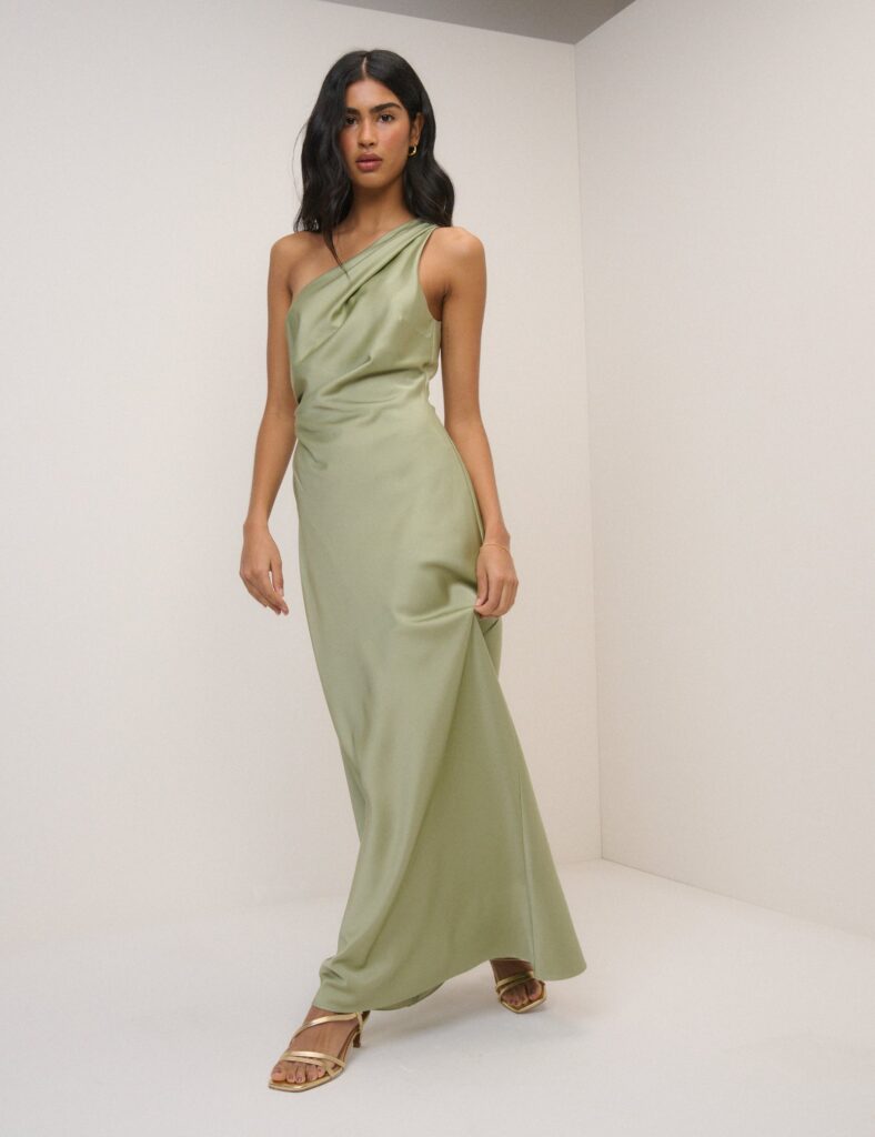 Green Sage Satin Sleeveless One Shoulder Midaxi Dress