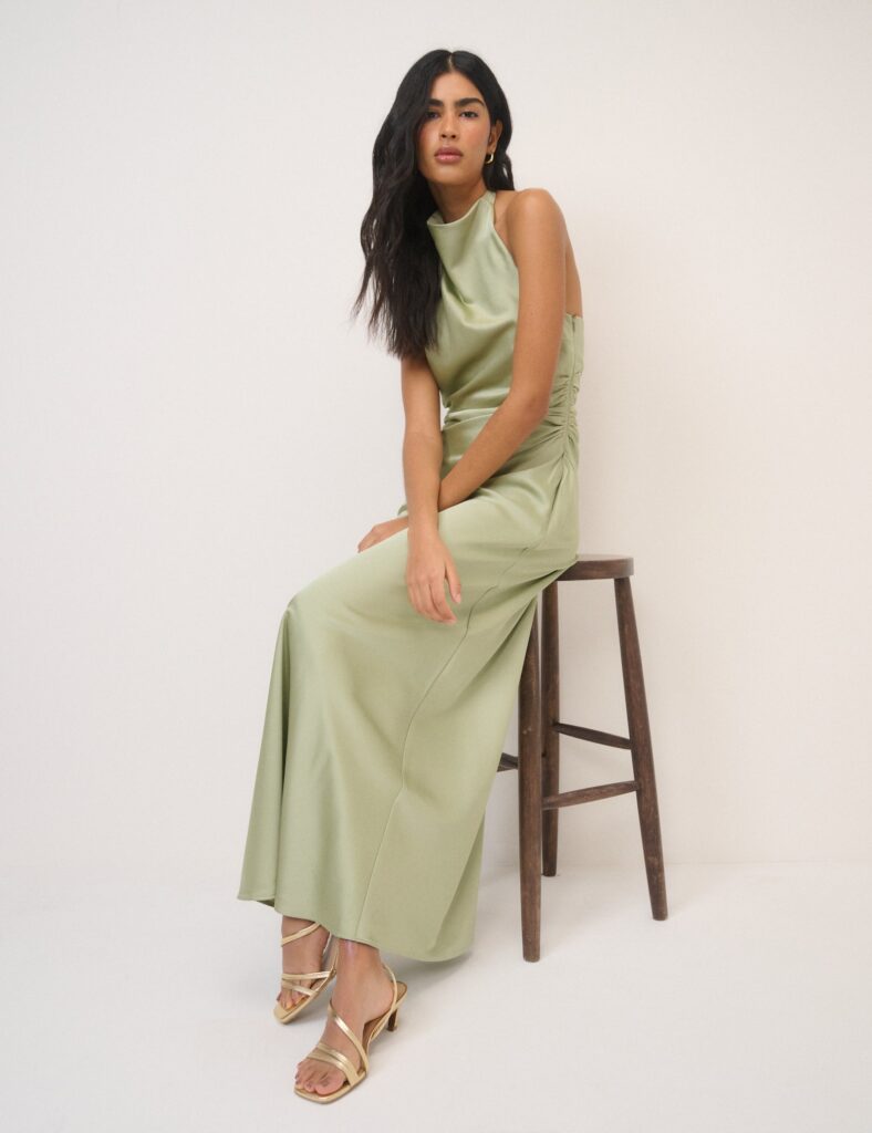 Green Sage Satin Halter Neck Midaxi Dress