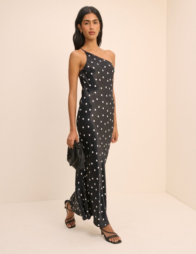 Black Polka Dot Satin Bias Cut Classic Midaxi Dress