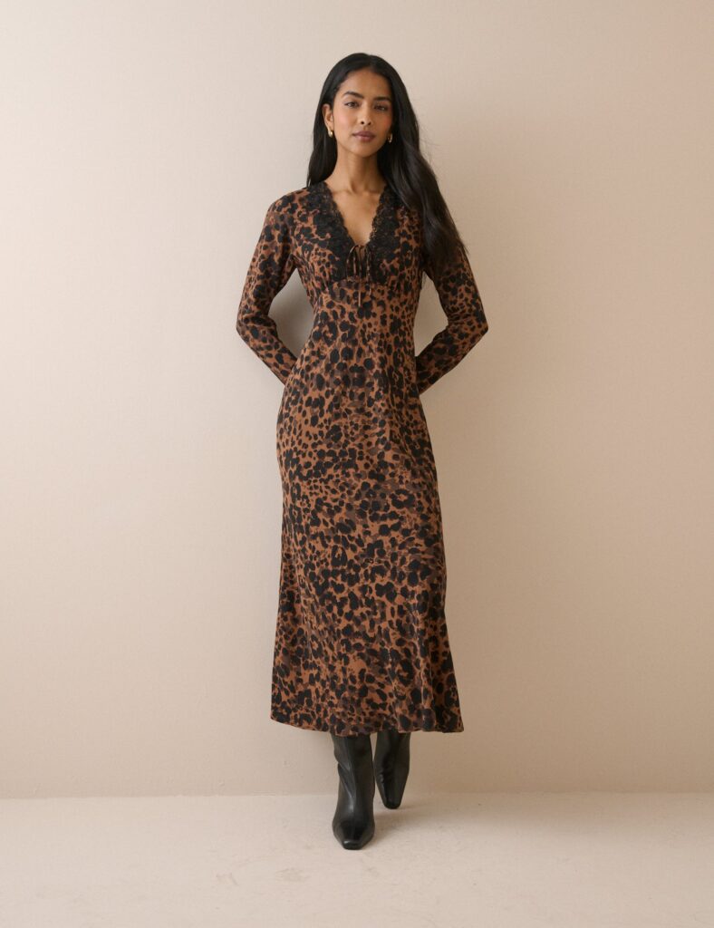 Brown Leopard Print Lace Neck Midaxi Dress