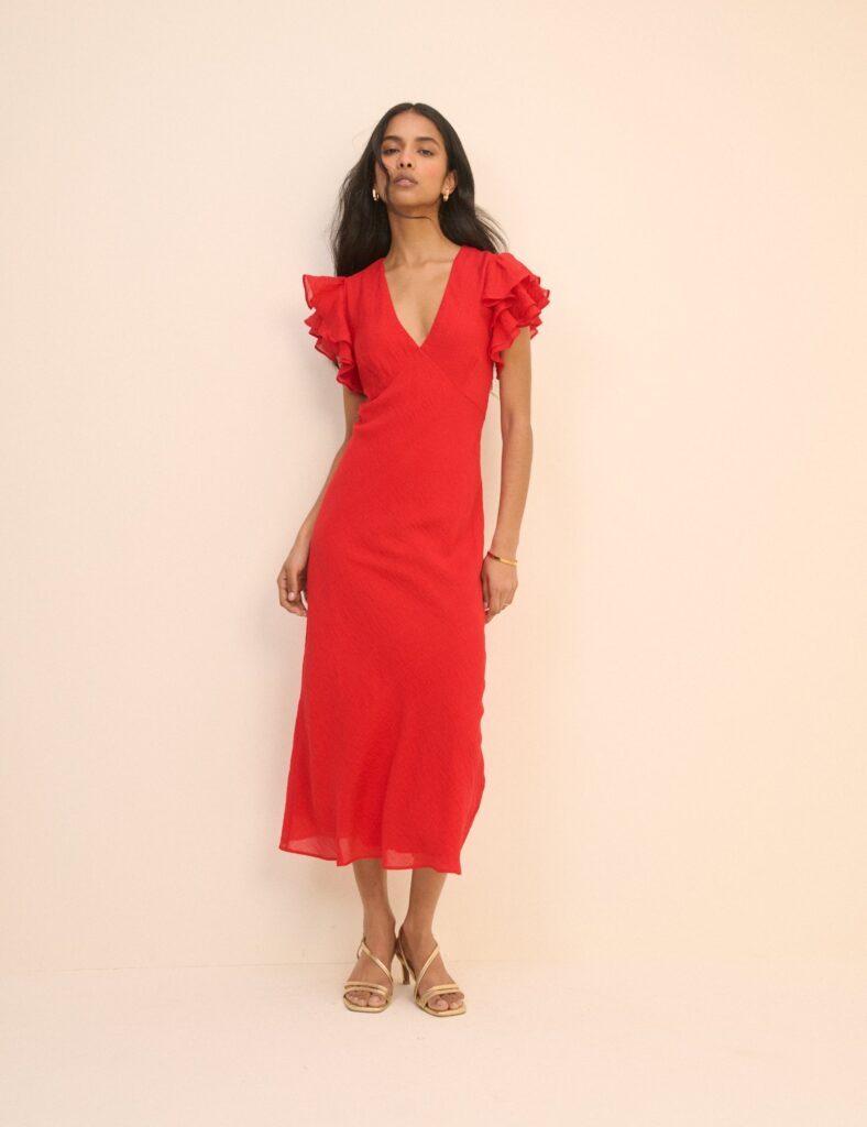 Red Neck Short Sleeve Midaxi Dress