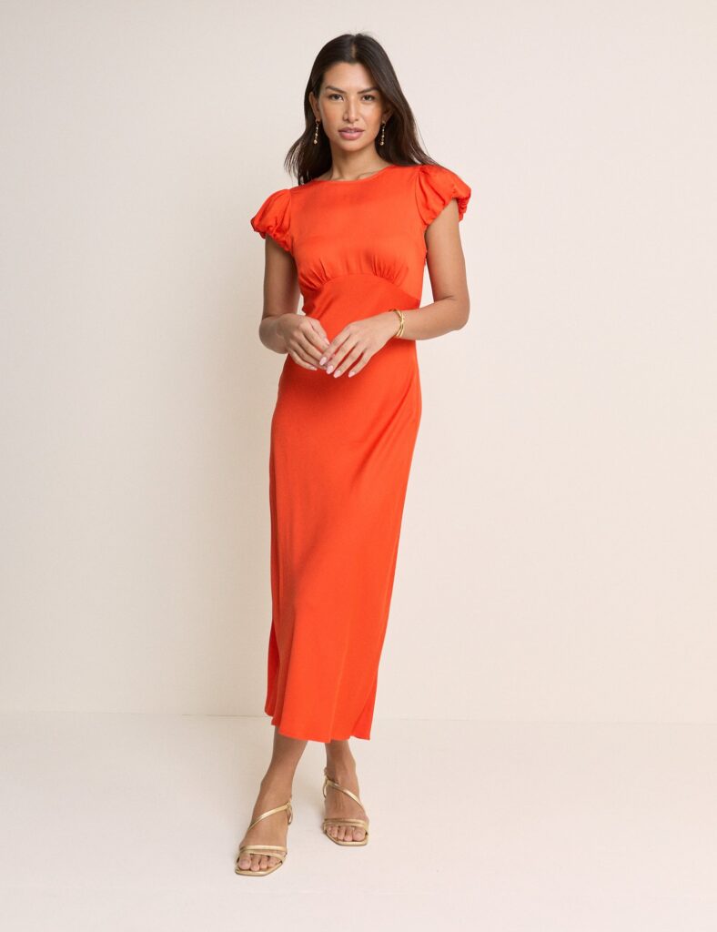 Red Orange Satin Shirred Short Sleeve Midaxi Dress