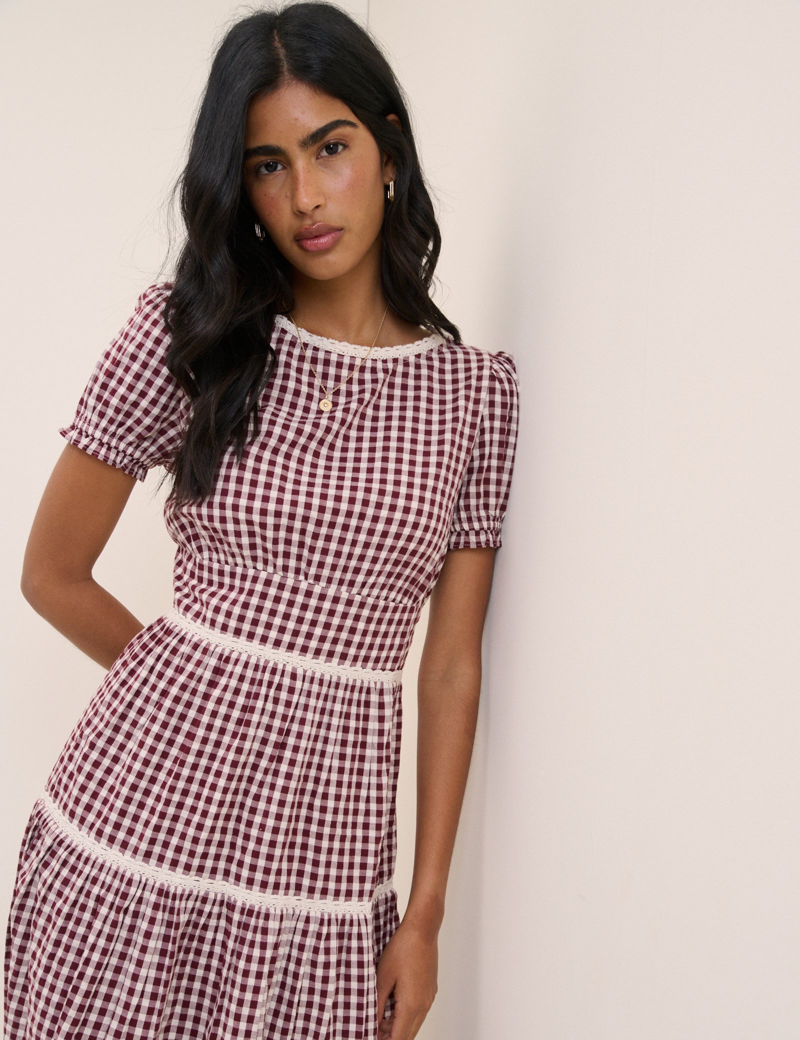Red Burgundy Printed Cotton Tiered Midi Dress - Image 2