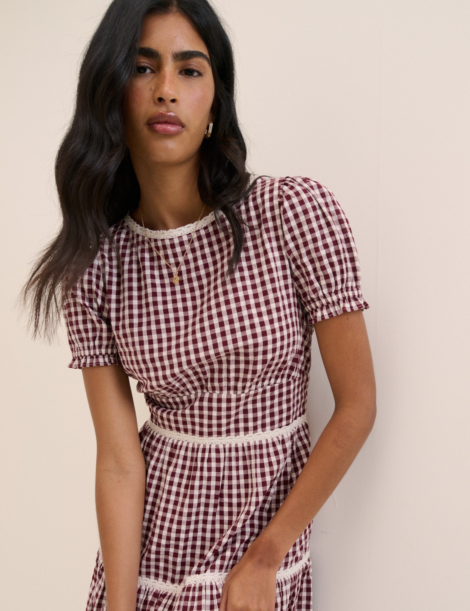 Red Burgundy Printed Cotton Tiered Midi Dress - Image 3