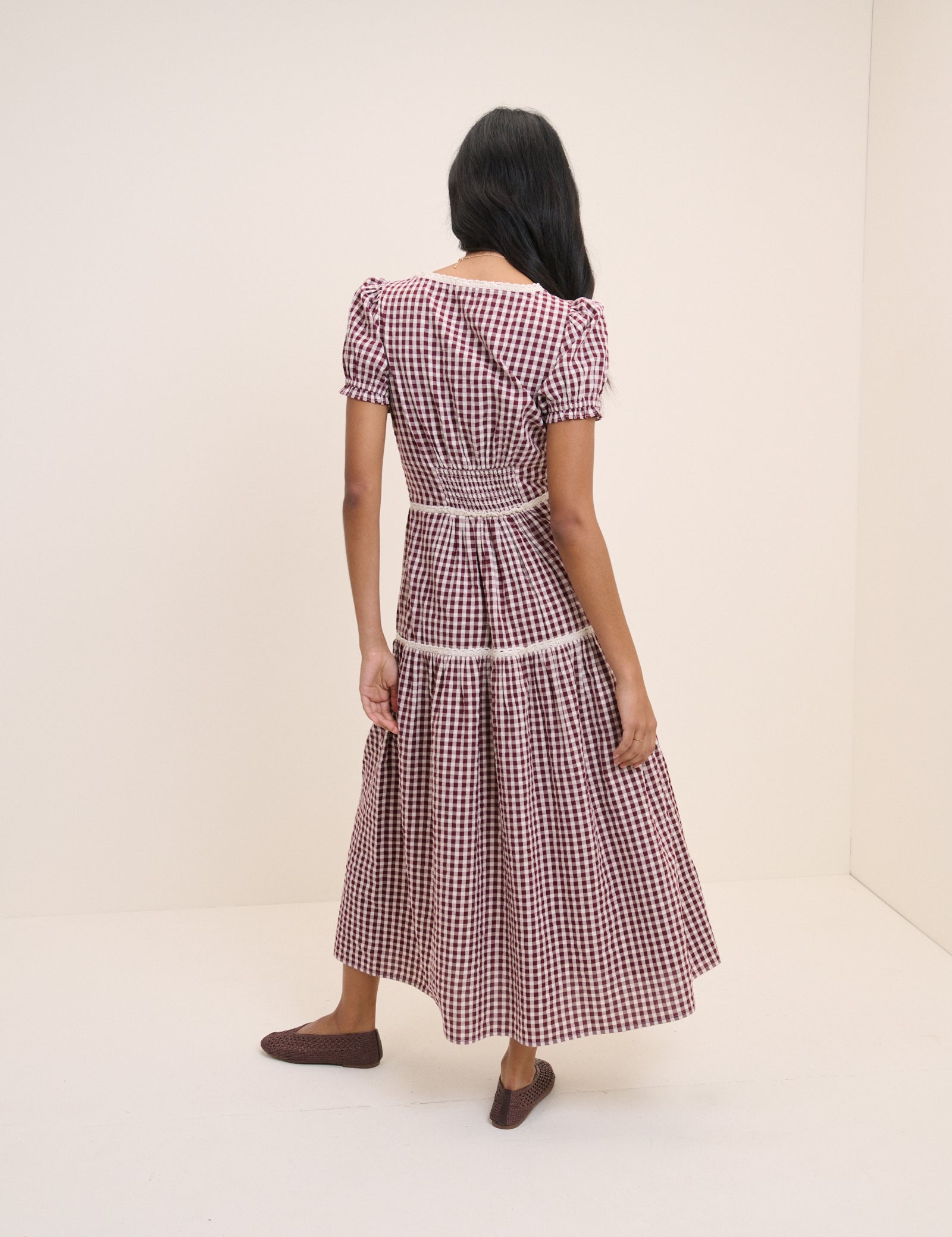 Red Burgundy Printed Cotton Tiered Midi Dress - Image 5