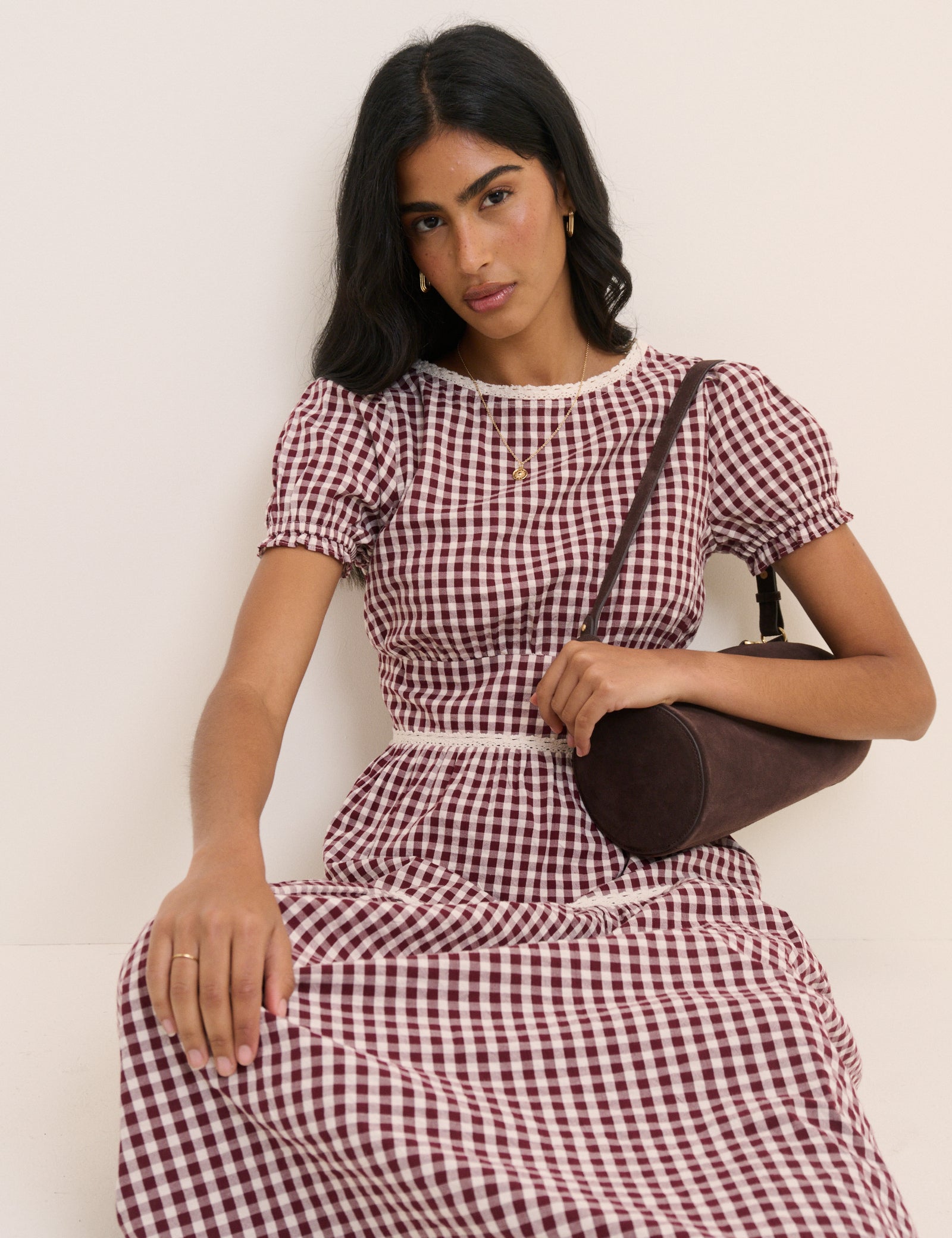 Red Burgundy Printed Cotton Tiered Midi Dress - Image 4