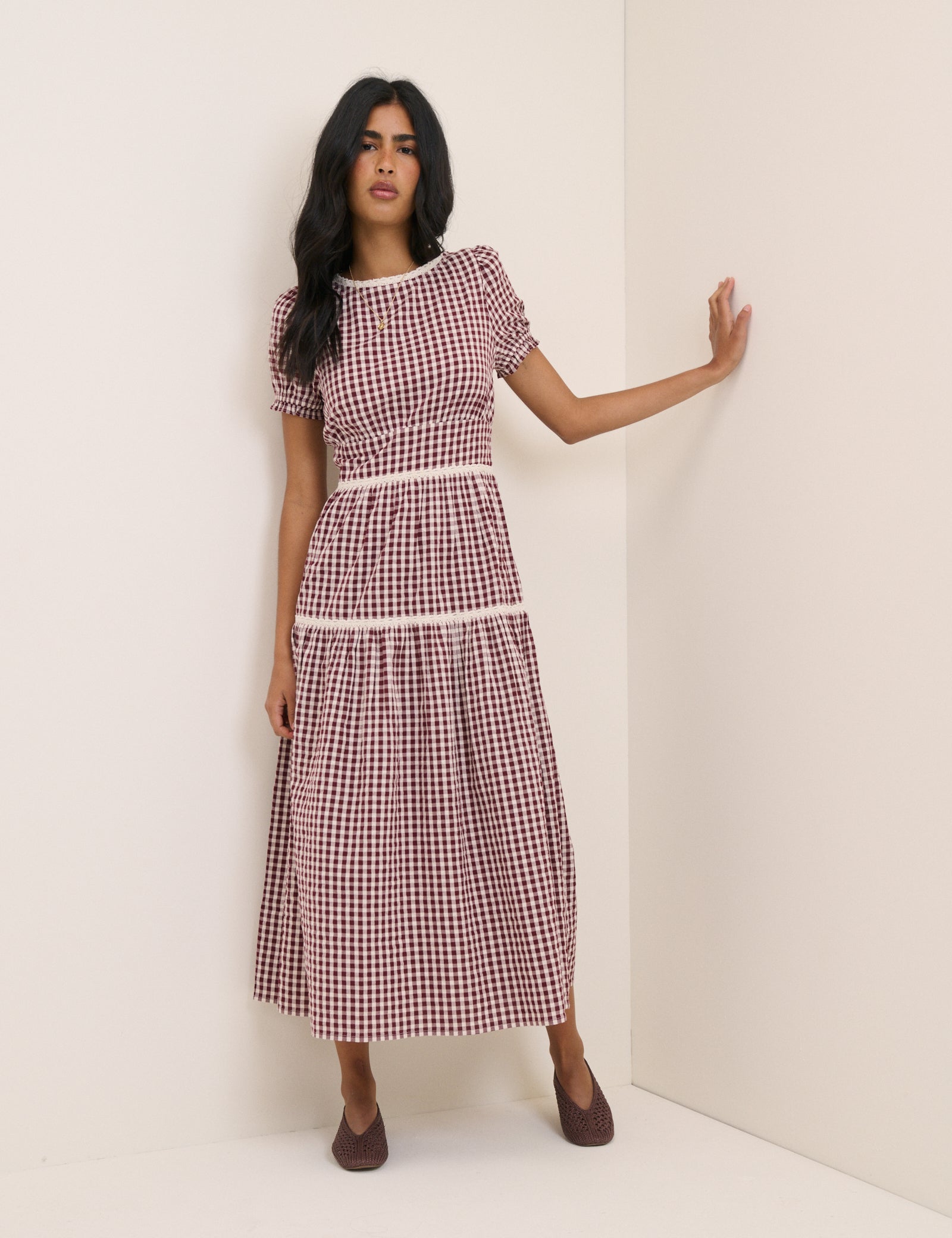Red Burgundy Printed Cotton Tiered Midi Dress