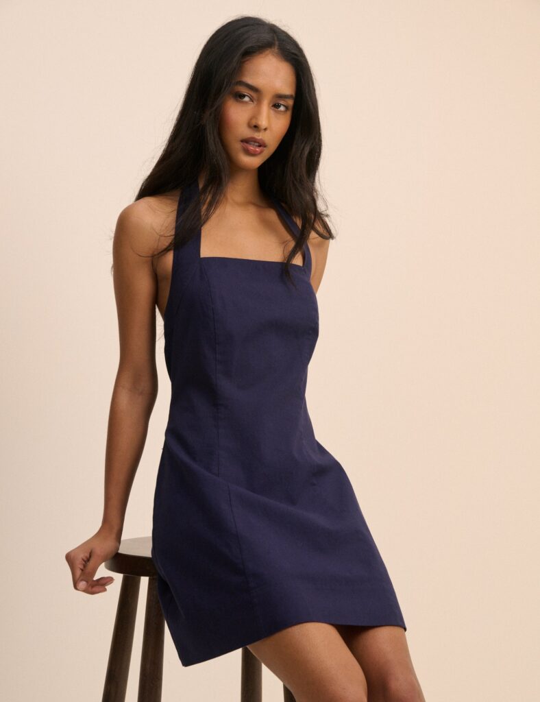 Navy Blue Linen Square Neck Mini Dress