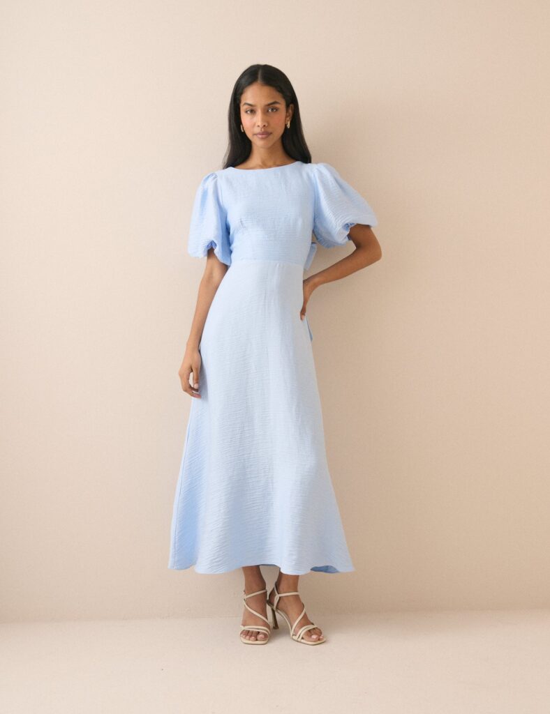 Blue Puff Sleeve Short Midaxi Dress