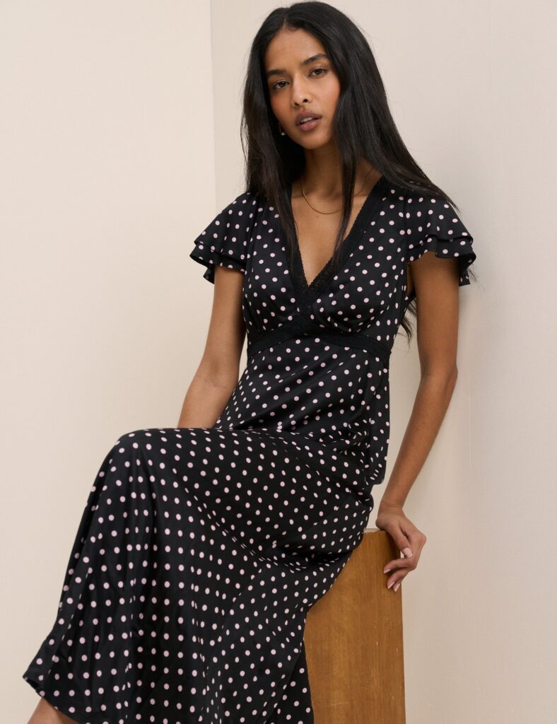 Black Polka Dot Lace Neck Midaxi Dress