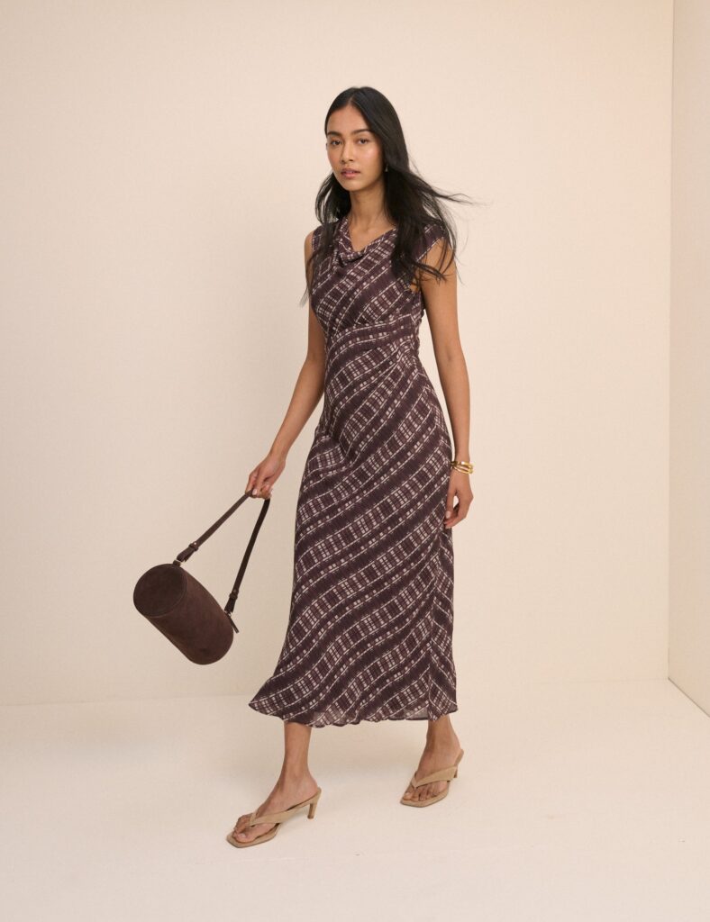 Brown Check Bias Cut Sleeveless Midaxi Dress