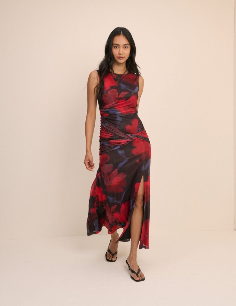 Red Floral Jersey Ruched Sleeveless Midaxi Dress