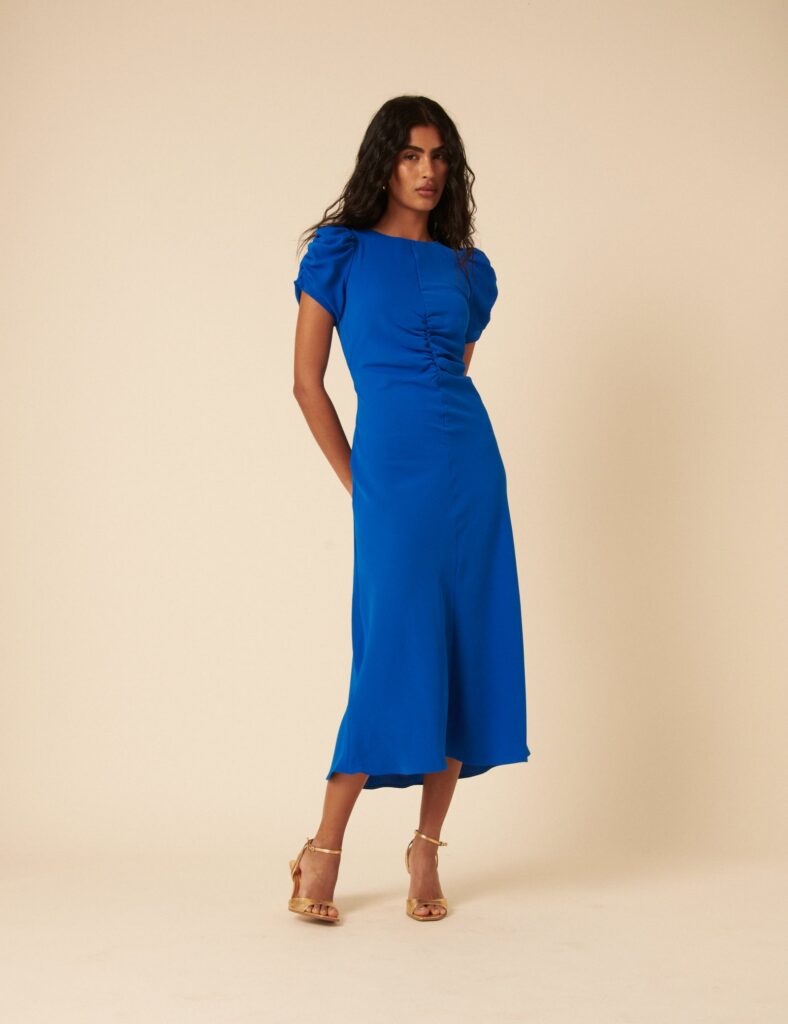 Blue Ruched Gathered Short Sleeve Midaxi Dress