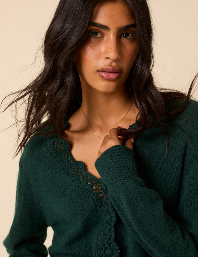 Green Wool Blend Neck Relaxed Cardigan