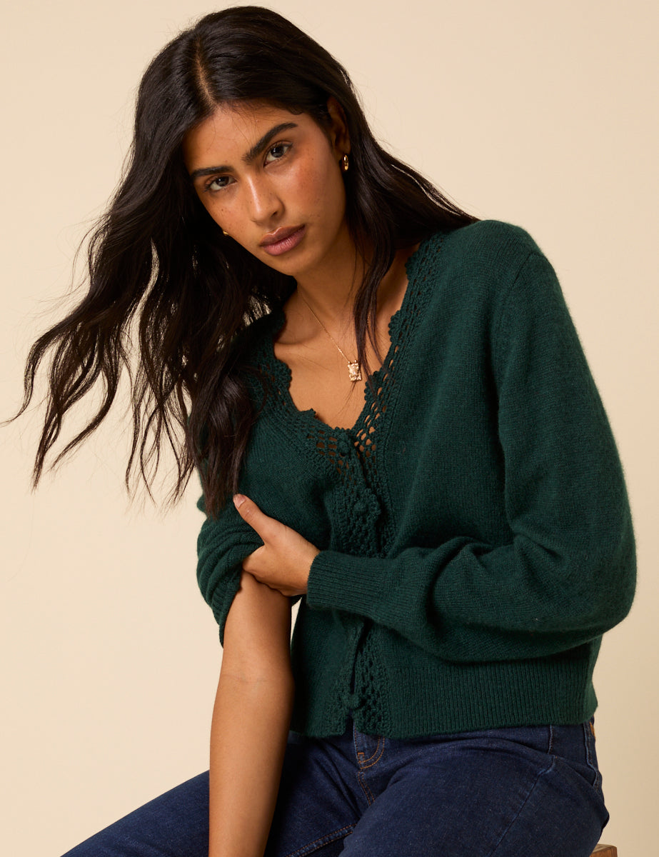 Green Wool Blend Neck Relaxed Cardigan - Image 4