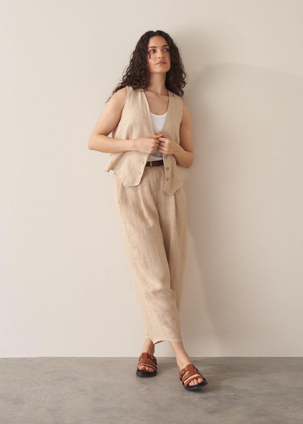 Maize Striped Barrel Leg Linen Trousers - Image 7