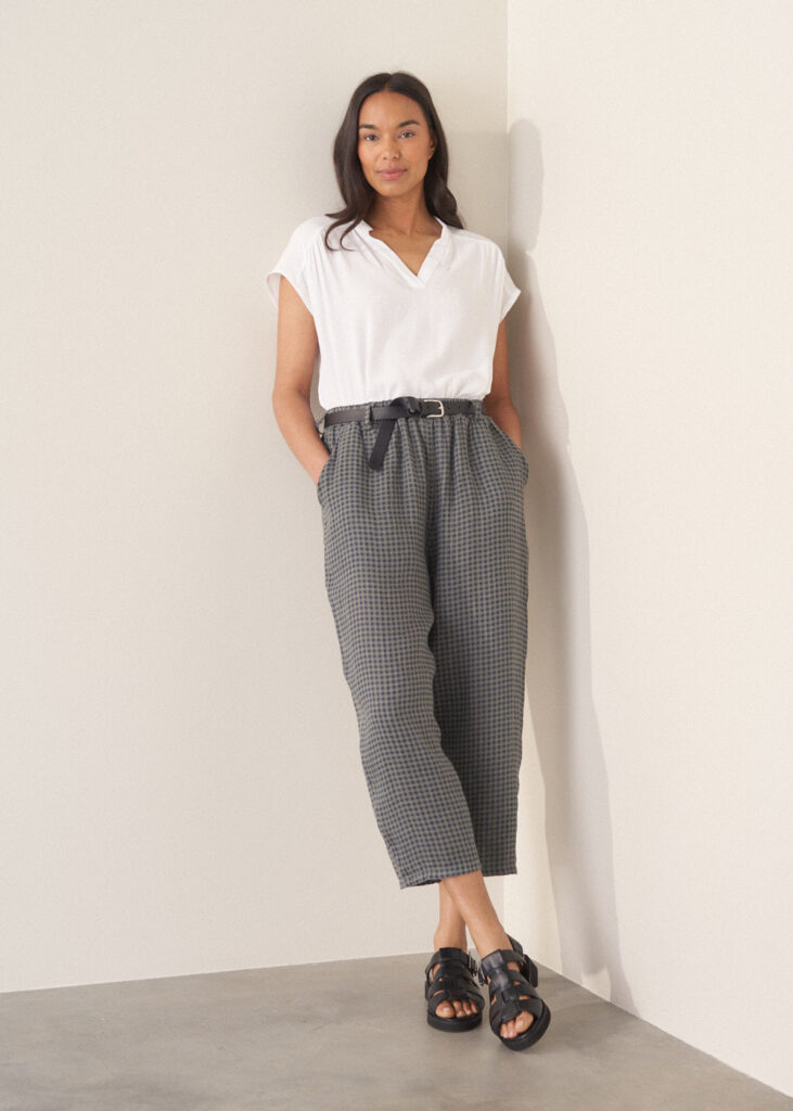 Navy Checked Linen Trousers
