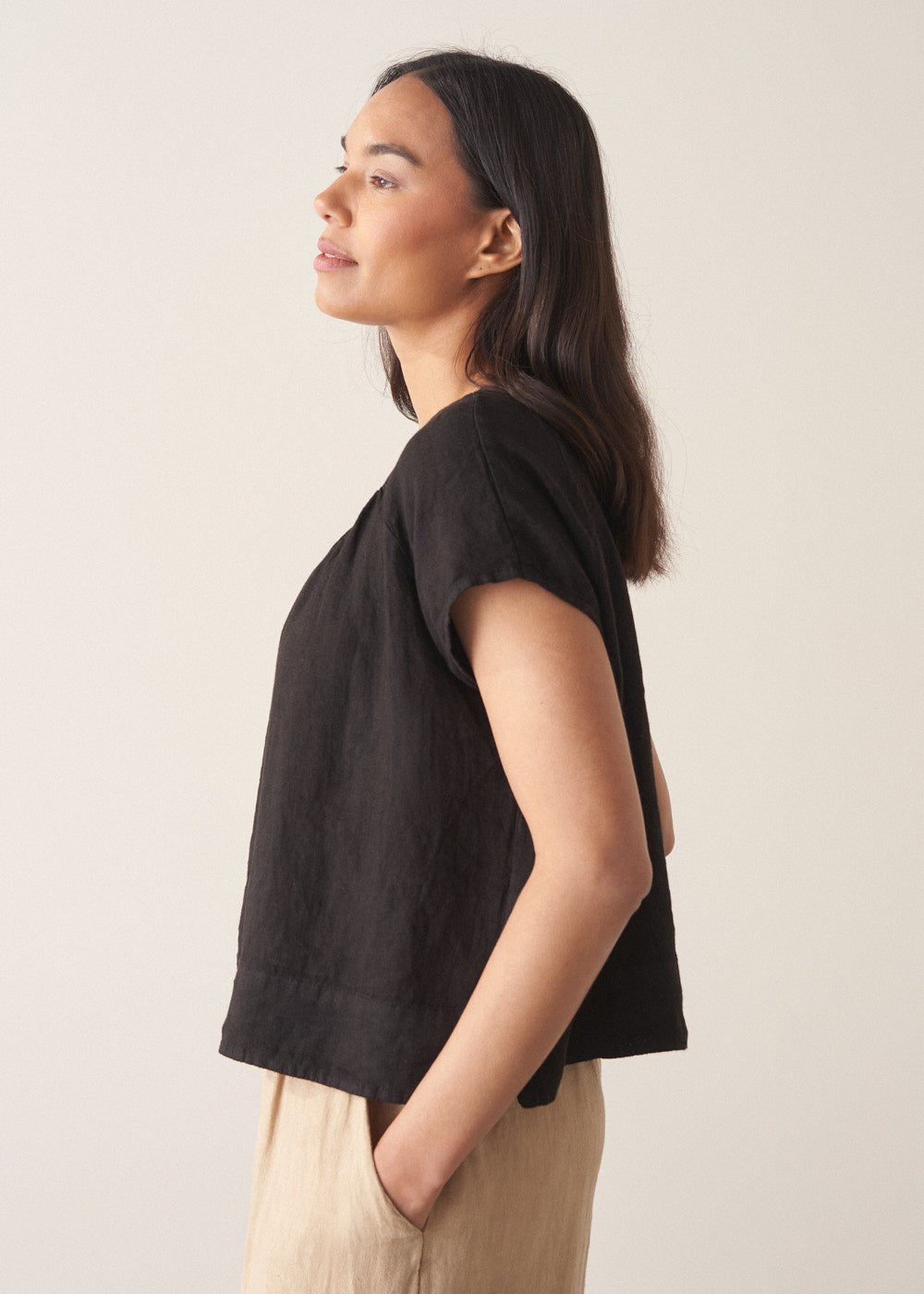 Black Cap Sleeve Linen Top