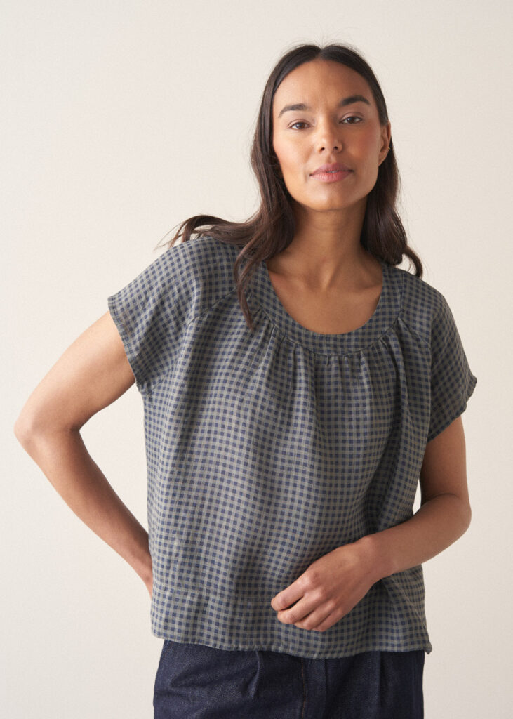 Navy Checked Linen Top