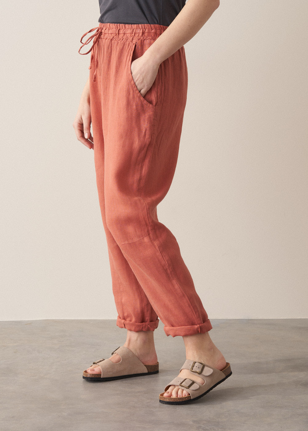 Modern Relaxed Terracotta Linen Trousers - Image 3